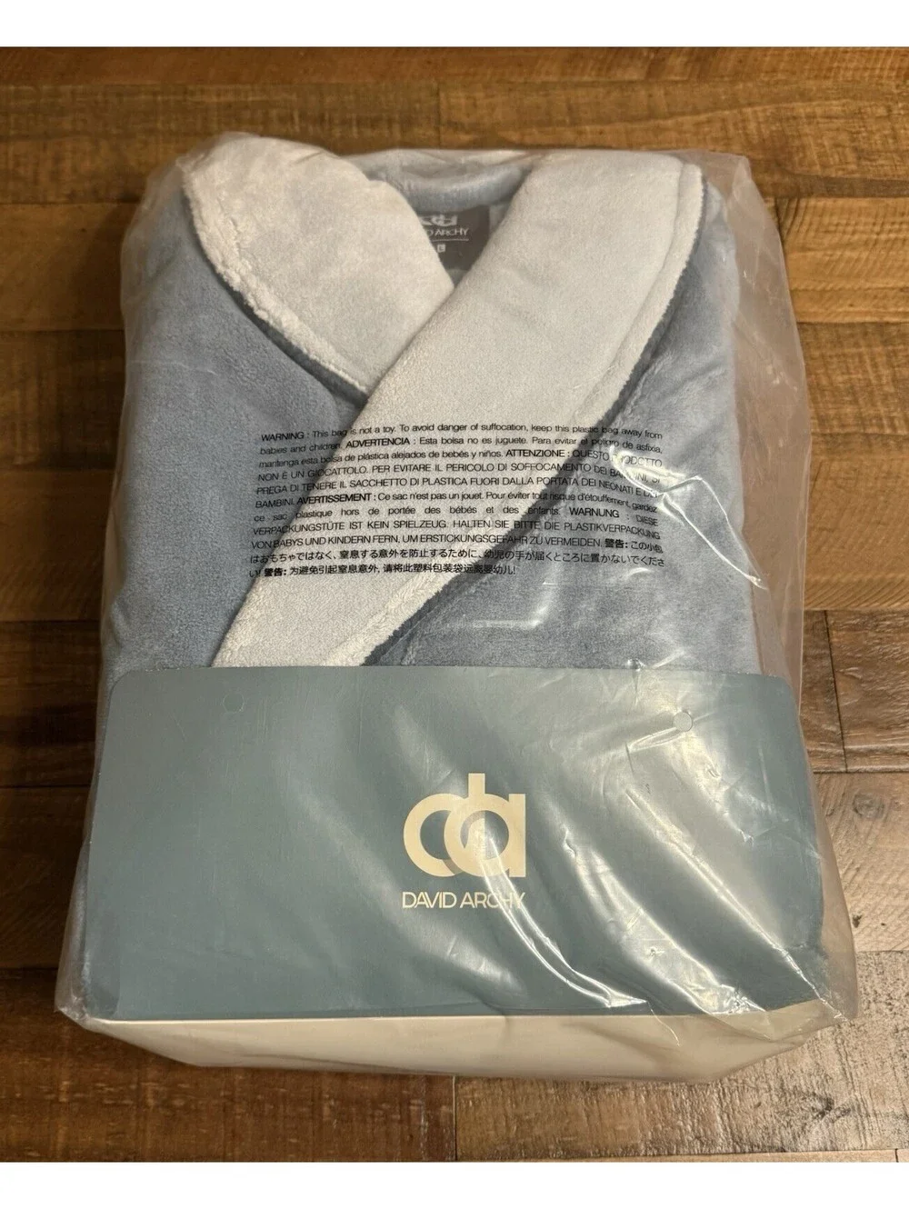 David Archy Men’s Robe Ultra Soft Plush Polyester Light Blue/Gray Size L